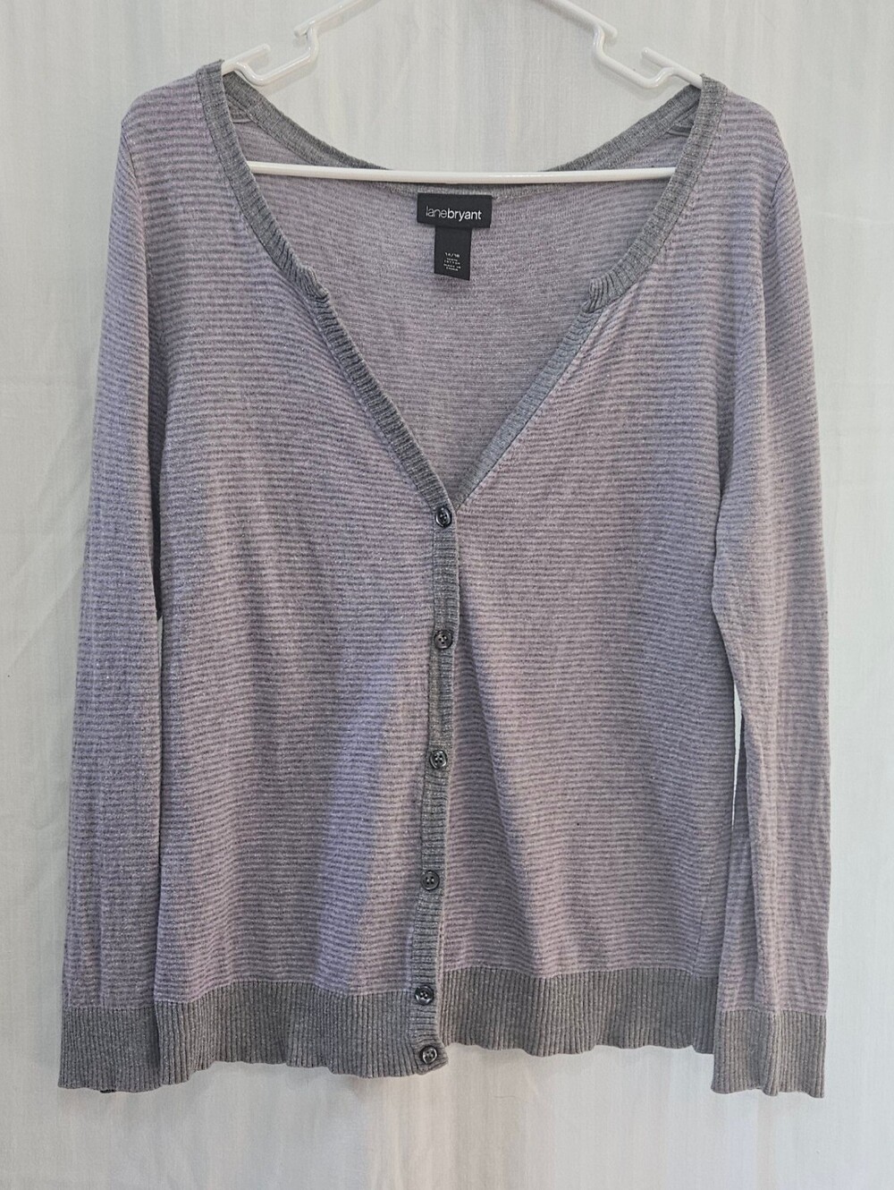 Lane Bryant Cardigan - Cotton Knit Grey Lavender Striped Button - Size 14/16